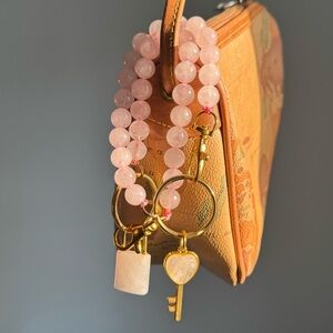 Rose Quartz Beaded Keychain Bracelets with Gold Accents